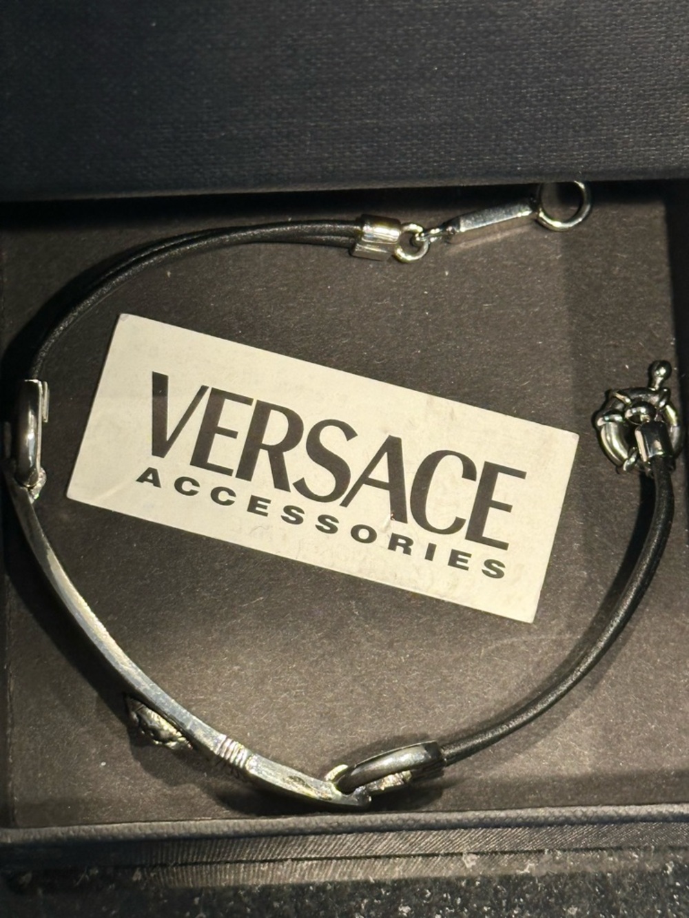 Versace men’s Accessories Black Leather and Silver Bracelet classic!